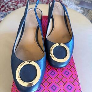 Tory Burch Navy Leather Flats with Gold Accent